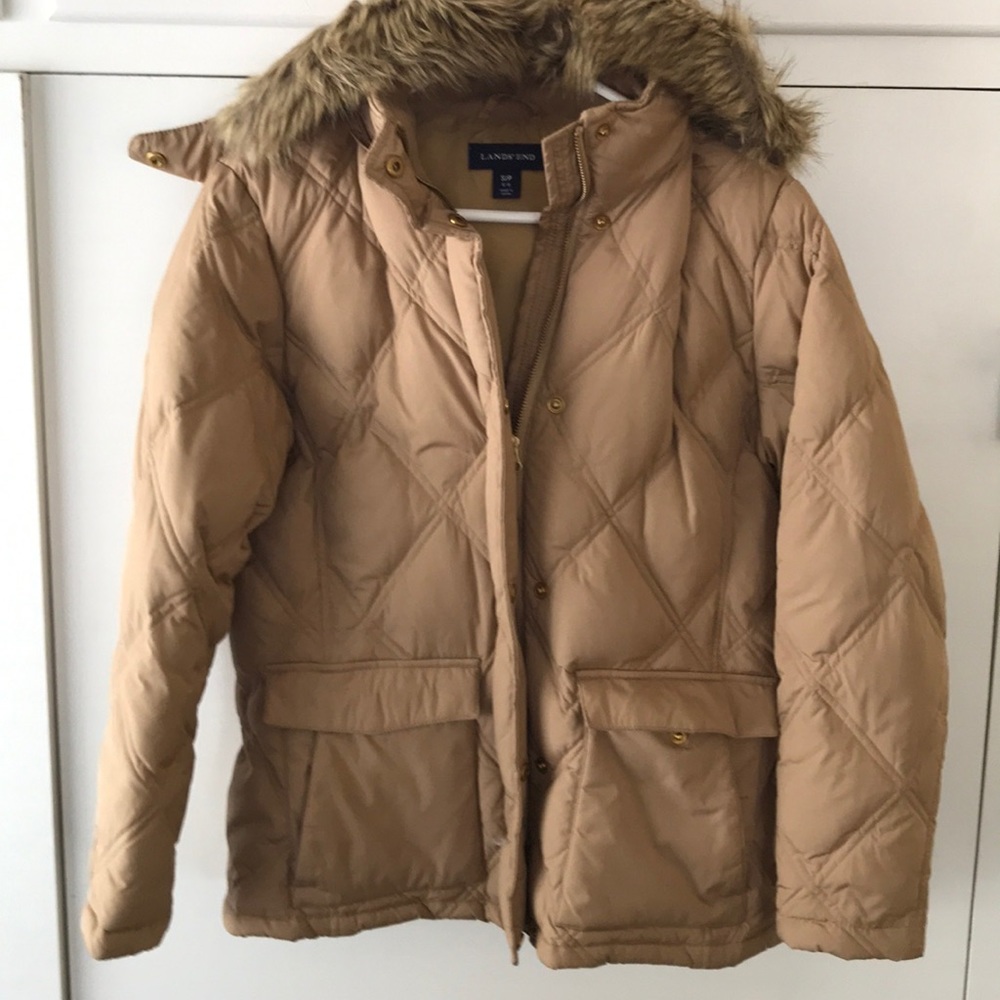 Lands’ End Tan Puffer Jacket w/Fur Hoodie Sz Small
